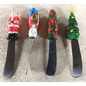Set Of 4 Santa Christmas Tree Sleigh Cheese Knives Spreaders Stainless Steel